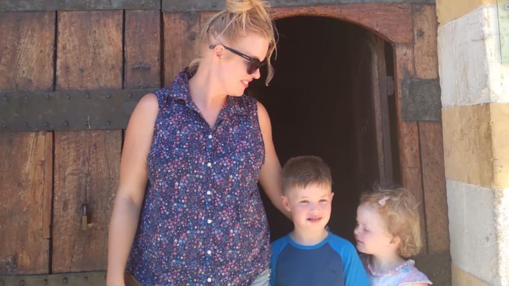 Claire Redmond with her son and daughter in Lebanon.
