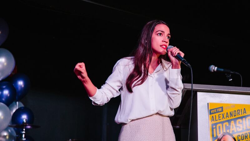 Alexandria Ocasio-Cortez  addresses supporters after her victory. Photograph: New York Time