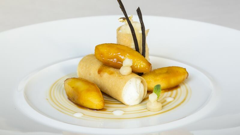 Croquant of sheep’s yogurt Chantilly with Cockagee Irish Keeved Cider pastry cream and caramel sauce. Photograph: Paul Sherwood