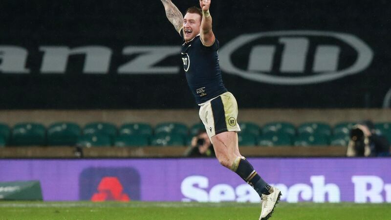 Scotland’s Stuart Hogg celebrates following his side’s victory against England. Photograph: Photo by David Rogers/Getty Images