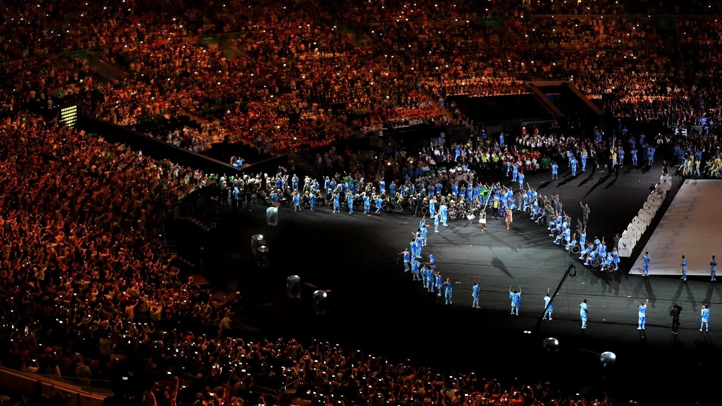 The Brazil team are led out by flag bearer Shirlene Coelho during the opening ceremony of the 2016 Rio Paralympic Games at the Maracana, Brazil. Photograph: Adam Davy/PA