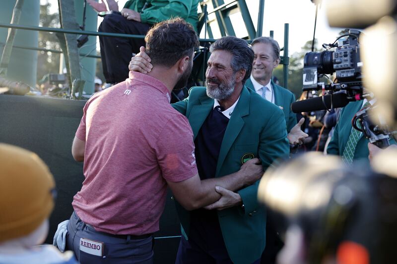 Jose Maria Olazabal congratulates Jon Rahm after winning the Masters last year. Photograph: Erik S Lesser/EPA