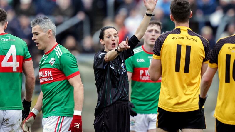 Referee Margaret Farrelly became the first woman to referee a senior men’s county football final in the Cavan SFC replay. Photograph: John McVitty/Inpho