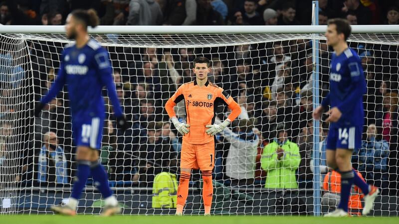 Illan Meslier stands dejected. Photo: Peter Powell/EPA