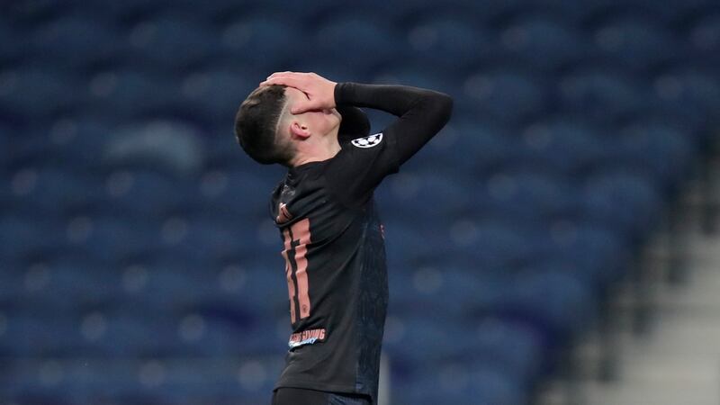 Phil Foden reacts during Manchester City’s draw with Porto. Photograph: Luis Vieira/AP