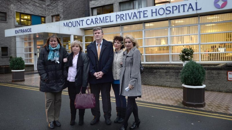 INMO representatives Marian Hendrick, left, Eileen Finn, Philip McAnenly, Eleanor Byrne and Patricia Kelly Maloney at Mount Carmel Hospital, Churchtown, Dublin, where a joint provisional liquidator has been appointed. Photograph: Brenda Fitzsimons/The Irish Times