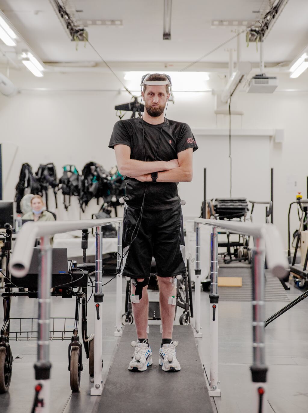 Gert-Jan Oskam has for more than a decade been paralysed from the waist down. He is now able to stand and walk with only the assistance of a walker. Photograph: Jimmy Ravier/EPFL via The New York Times