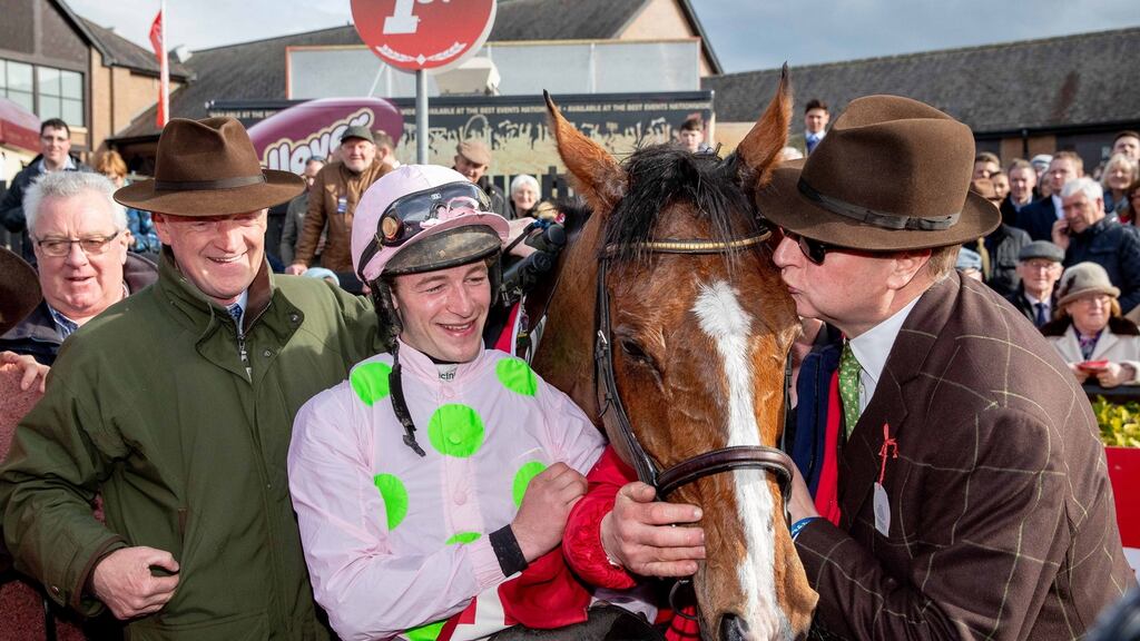 Trainer Willie Mullins, jockey David Mullins and owner Rich Ricci celebrate after winning the Ladbrokes Champion Stayers Hurdle with Faugheen at Punchestown on Thursday. Photograph: Morgan Treacy/Inpho