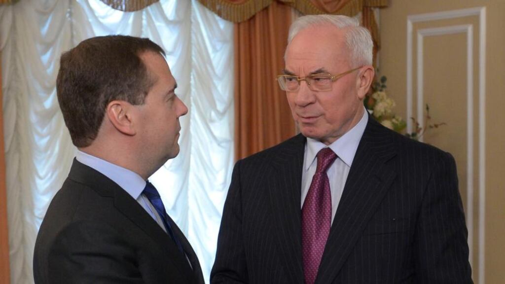 Russian prime minister Dmitry Medvedev (left) with his Ukrainian counterpart, Mykola Azarov, during a meeting in the town of Kaluga, some 150km (93 miles) southwest of Moscow, earlier this month. Photograph: Alexander Astafyev/RIA Novosti/Pool/Reuters