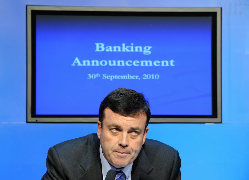 Then minister for finance Brian Lenihan at a 2010 press conference announcing a final estimate for the cost of the banking bailout. Photograph: Frank Miller