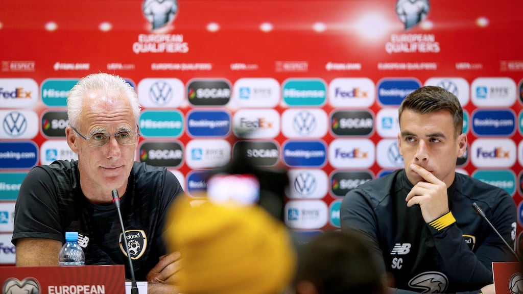 Manager Mick McCarthy and Seamus Coleman at a Republic of Ireland press conference in Tbilisi, Georgia. Photograph: Tommy Dickson/Inpho