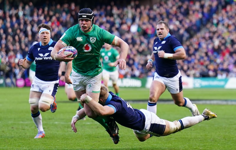 Irelands James Ryan on the charge at Murrayfield. Photograph: PA