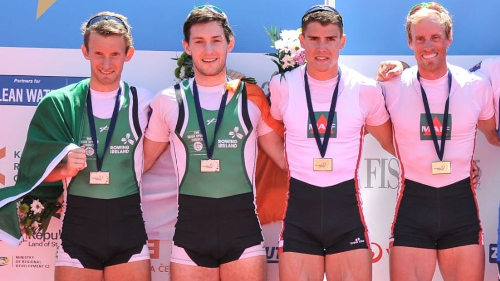 Gary and Paul O’Donovan with France’s Pierre Houin and Jeremie Azou who beat the Irish pair to the gold medal  in  the lightweight men’s double sculls in  the 2017 European Rowing Championships. Photo: Getty