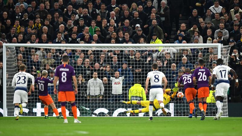 Sergio Aguero sees him penalty saved by Sergio Aguero. Photograph: Dan Mullan/Getty