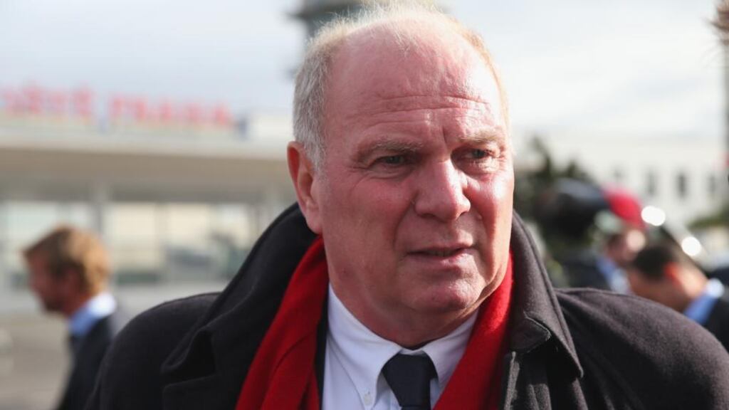 Uli Hoeness arrives at Vaclav Havel Airport Prague for Champions League match. Photograph: Alexander Hassenstein/Bongarts/Getty Images