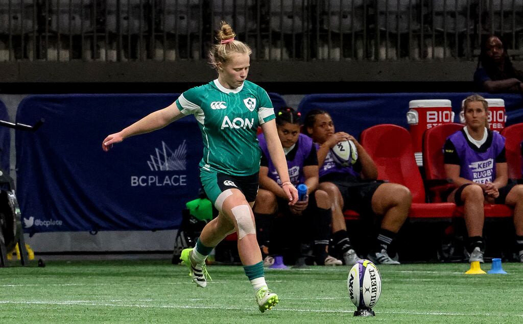 Ireland’s Dannah O’Brien kicked the decisive conversion against New Zealand in the World Rugby Women’s WXV1 Round 1 match in Vancouver, Canada on 29/9/2024. Photograph: Travis Prior/©INPHO