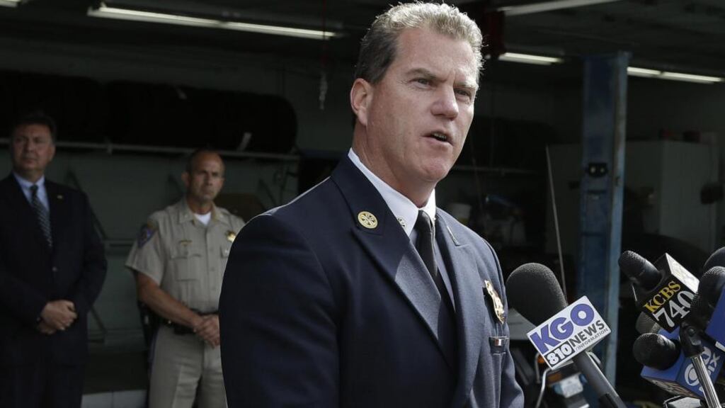 Foster City Fire Department Chief Michael Keefe at a news conference at the California Highway Patrol headquarters in Redwood City, California. Investigators are trying to determine why the back of a stretch limousine burst into flames on a San Francisco Bay bridge
