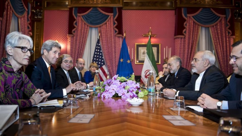 US under secretary for political affairs Wendy Sherman , secretary of state John Kerry, secretary of energy Ernest Moniz, National Security Council point person on the Middle East Robert Malley, EU political director Helga Schmid, head of the Iranian Atomic Energy Organisation Ali Akbar Salehi, Iran’s foreign minister Mohammad Javad Zarif at a meeting yesterday.