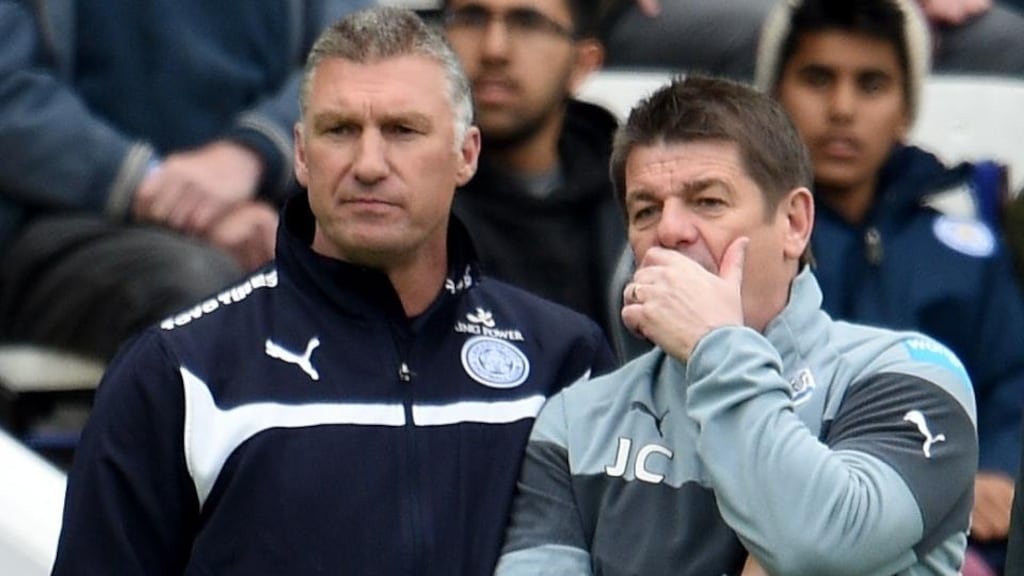 Leicester manger Nigel Pearson and Newcastle manager John Carver chat on the touchline of the King Power Stadium. Photograph: Ross Kinnaird/Getty Images