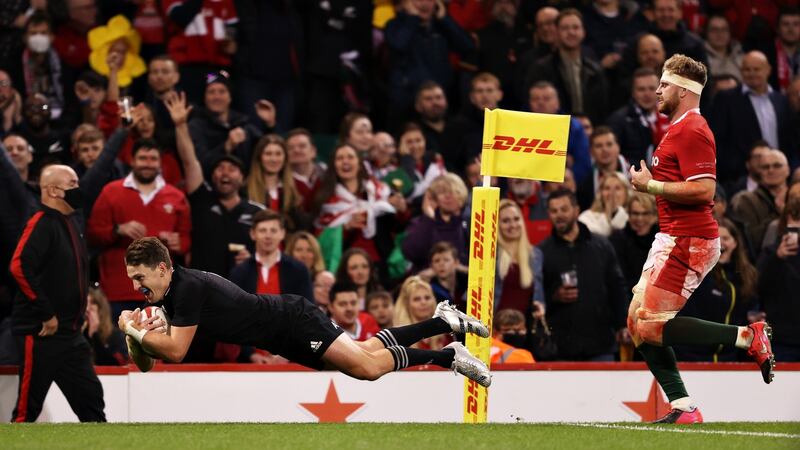 Beauden Barrett scores his side’s sixth try. Photograph: Warren Little/Getty Images