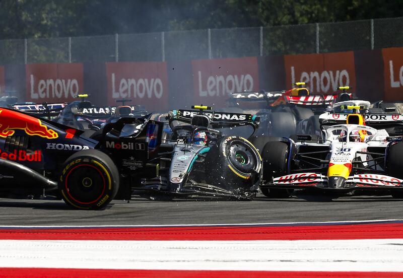 Red Bull's Dutch driver Max Verstappen and Mercedes' Italian driver Kimi Antonelli crash. Photograph: Erwin Scheriau/APA/AFP via Getty