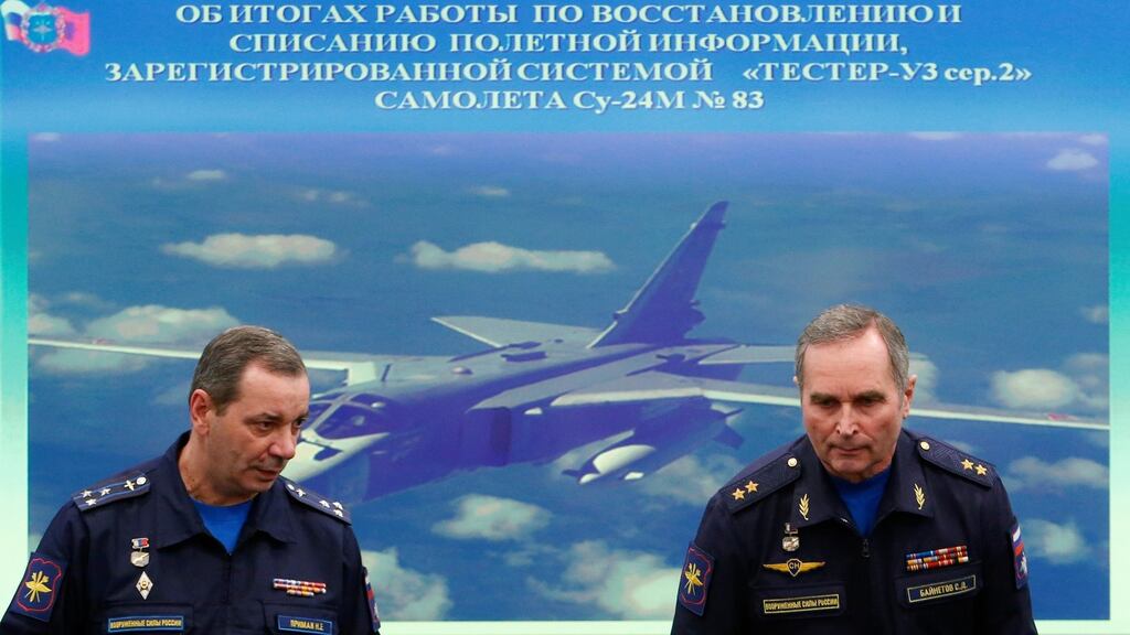 Sergei Bainetov (right), deputy chief of the Russian Armed Forces’ flight safety service, and Nikolai Primak, chairman of the Air Accident Investigation Commission, attend a news conference dedicated to the crash of SU-24 fighter-bomber, a Russian warplane shot down by Turkey in November, in Moscow, Russia, December 21st, 2015. Photograph: Maxim Shemetov/Reuters