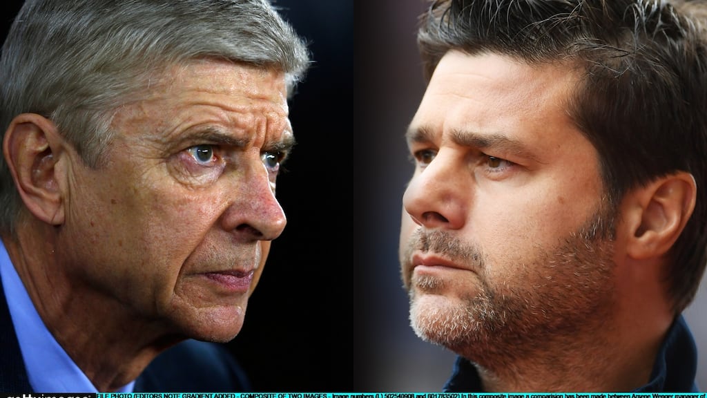 Arsenal manager Arsène Wenger and Mauricio Pochettino, manager of Spurs. Saturday sees their seventh head-to-head meeting since Pochettino took over at Tottenham in May 2014