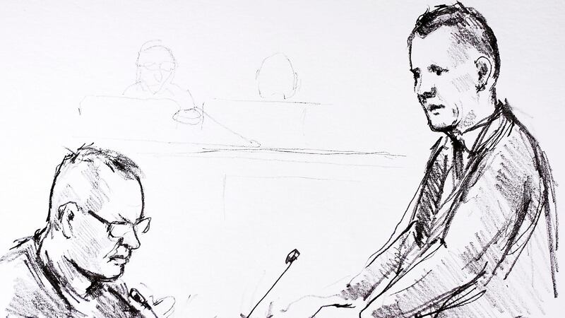 Court drawing by Anne Gyrite Schütt made available by Danish news agency Ritzau SCANPIX shows accused Peter Madsen (left) and the prosecutor Jakob Buch-Jepsen (standing) on the first day of the trial at the courthouse in Copenhagen, Denmark. Image:  Anne Gyrite Schütt/ScanpixAFP/Getty Images
