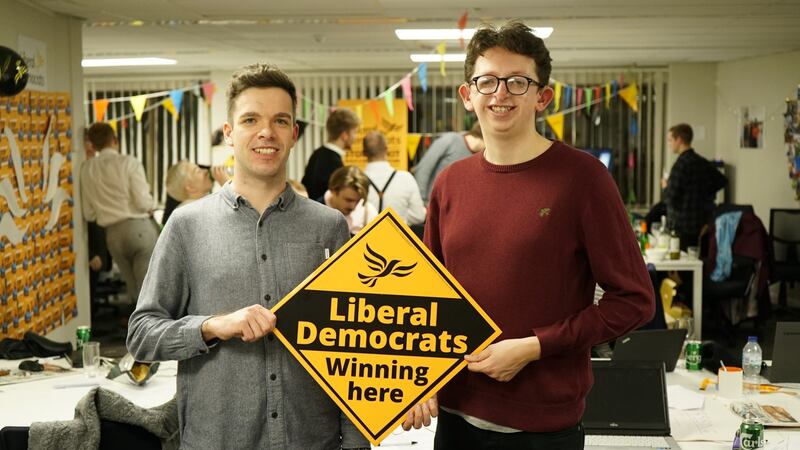 Liberal Democrat supporters Conor Mohan and Mark O’Brien O’Reilly, both from Ireland. Mohan said the election result showed that Labour leader Jeremy Corbyn ‘really does not resonate with the working class’. Photograph: Enda O’Dowd