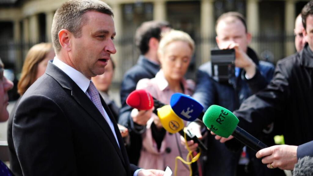 Fianna Fáil spokesperson on justice Niall Collins pictured speaking to the media outside Leinster House today ahead of his no-confidence motion this evening. Photograph: Aidan Crawley