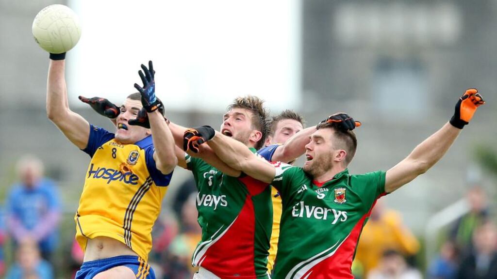 Mayo’s Aidan O’Shea and Seamus O’Shea lose out to Roscommon’s Cathal Shine in Sunday’s Connacht football championship semi-final at Dr Hyde Park.