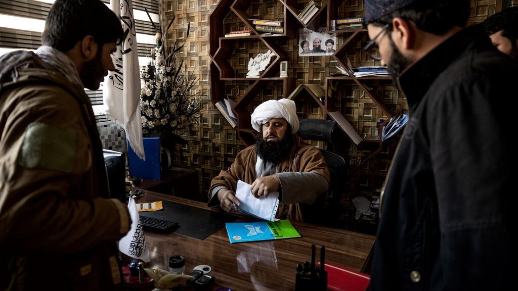 Khyal Mohammad Ghayoor, a defence ministry official in the Taliban’s first government who fled to Pakistan when US troops swept into Afghanistan, at his new job as head of Kabul’s traffic police. Photograph: Jim Huylebroek/The New York Times