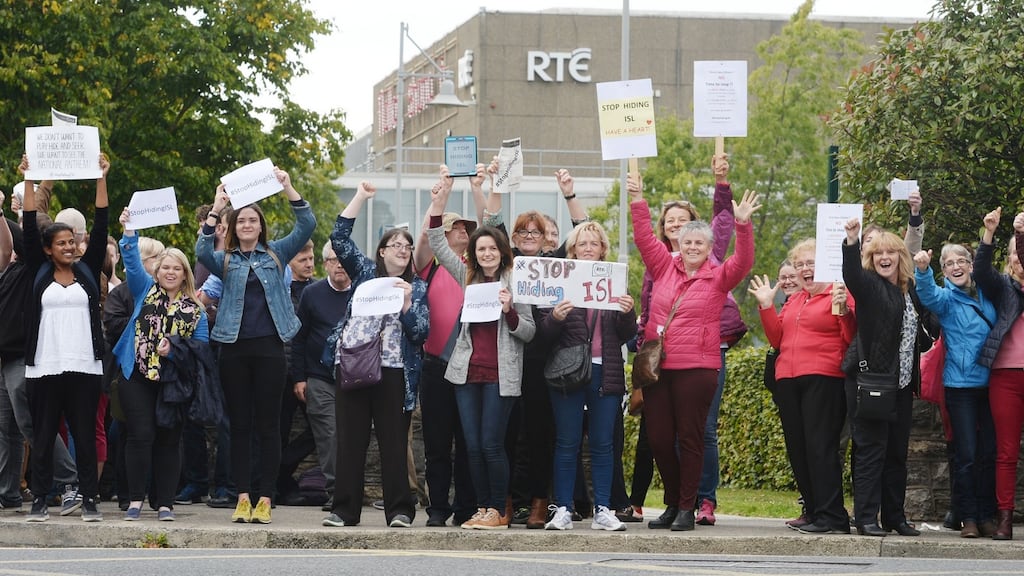 A protest by Members of the Deaf Community and ISL users protesting outside RTE over the public service broadcaster’s alleged failure to adequately include ISL (Irish Sign Language)Photograph: Alan Betson / The Irish Times