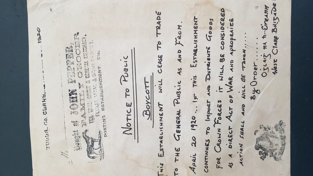 The IRA notice, which would have been posted in a public place in Tulla, warned the shop to cease to “import and distribute goods for crown forces” which the IRA considered to be “an act of war”