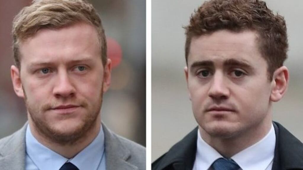 Stuart Olding (left) and Paddy Jackson arrive at Belfast Crown Court. File photograph: Niall Carson/PA