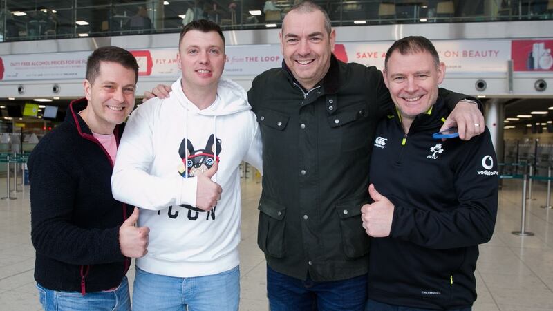 Stephen McNeill from Rathmines, Liam Madden from Wicklow, James Porter from Wicklow and Nick Eldridge from Wexford at Dublin Airport on their way to the Cheltenham racing festival. Photograph: Gareth Chaney/Collins