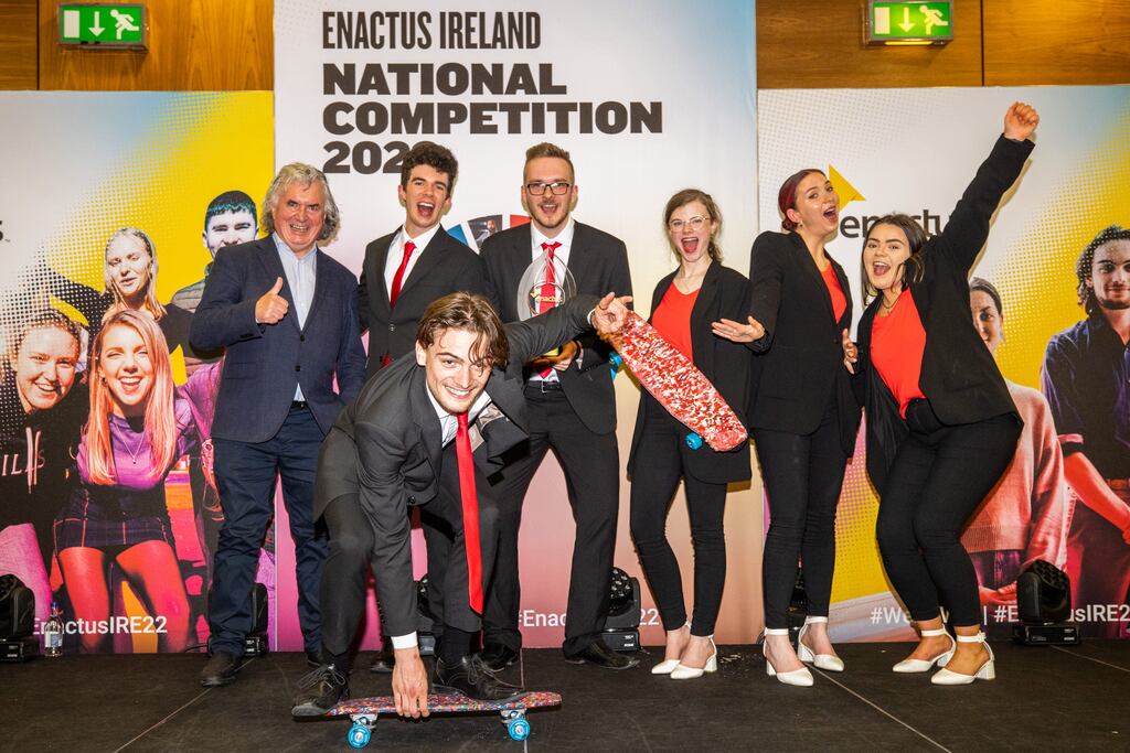The winners of Enactus Ireland National Competition with chairman of Enactus Ireland Terence O’Rourke. Photograph: Naoise Culhane Photography