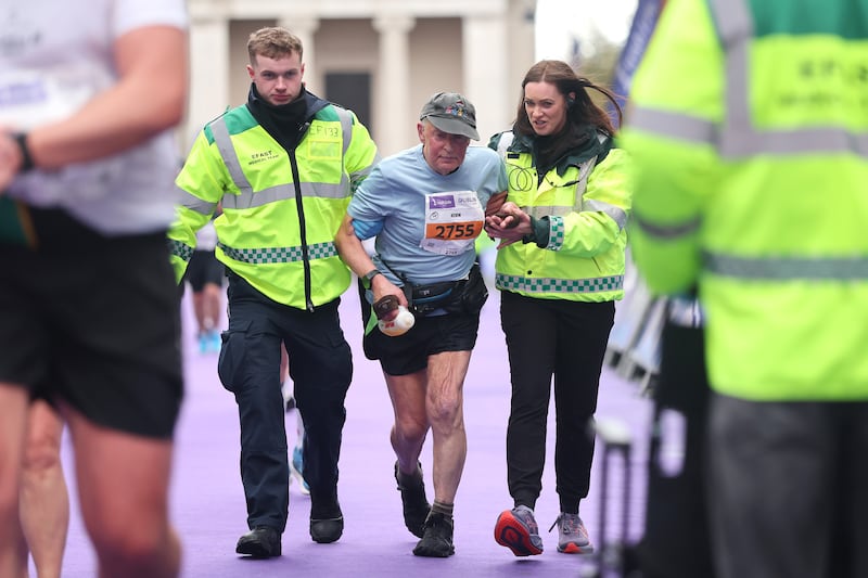 Kevin Stynes on his way to crossing the finish line as the oldest participant in the 2025 Dublin Marathon. Photograph: Bryan Keane/Inpho