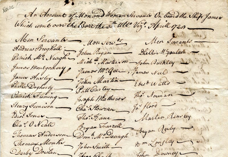 A manuscript list of men and women sailing to America on the ship James, departing on April 30th, 1728