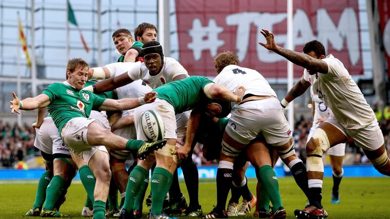 Kieran Marmion kicks during the Six Nations win over England – one of the few highlights throughout the year. Photo: Tommy Dickson/Inpho