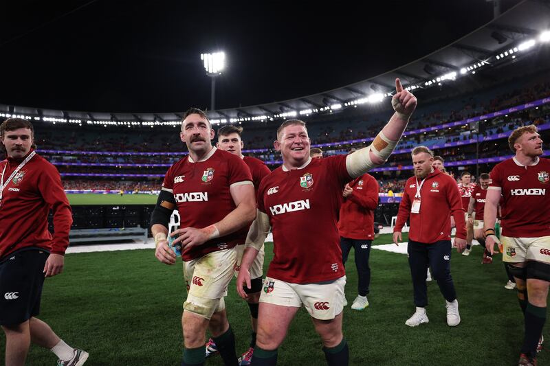 Jack Conan (left) and Tadhg Furlong celebrate the Lions' victory over Australia in Saturday's second Test at the Melbourne Cricket Ground. Photograph: Martin Keep/AFP via Getty Images