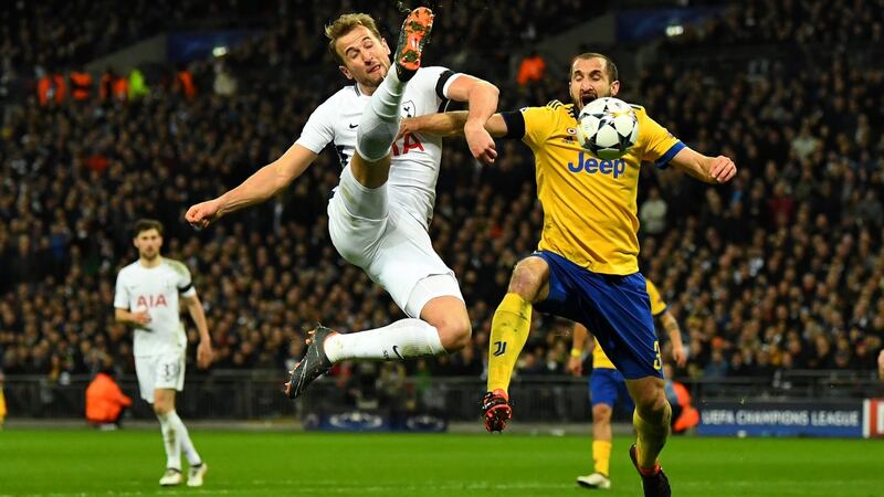 Harry Kane and Giorgio Chiellini during Juve’s 2-1 win at Wembley. Photograph: Dylan Martinez/Reuters