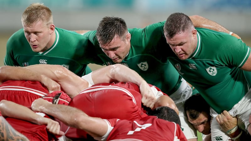 Ireland’s John Ryan, Niall Scannell and Dave Kilcoyne in their 2019 Rugby World Cup Pool A match against Russia in Kobe Misaki Stadium in Japan. Photograph: Dan Sheridan/Inpho