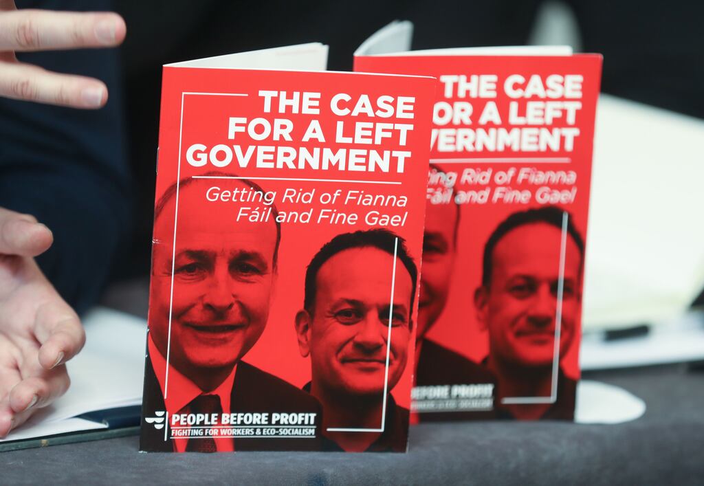The People Before Profit 'Case for a Left Government' document at its launch in Buswells Hotel, Dublin, last week. Photograph: Leah Farrell/RollingNews.ie