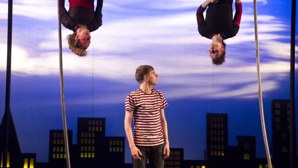 Acrobats Emily Aoibheann and Elaine McCague (above, with Peter Corboy) enliven the visual element of the show. Photograph: Patrick Redmond