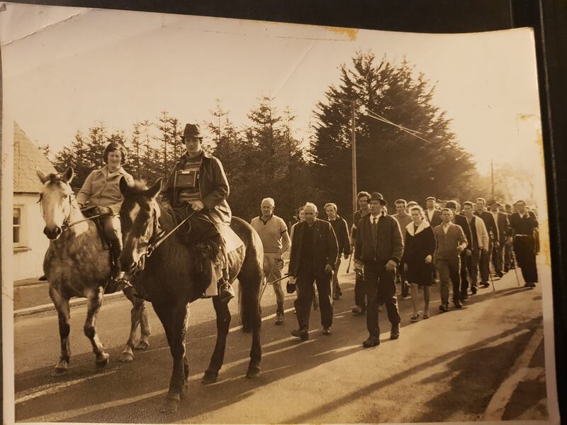 Aisling Bea's maternal grandmother Rita, on horseback, leading a mass rally of farmers organised by the National Farmers' Association, marching from Bantry in Cork to Government Buildings in Dublin, 1966. Photograph: Marianne Maloney/Wall To Wall/BBC