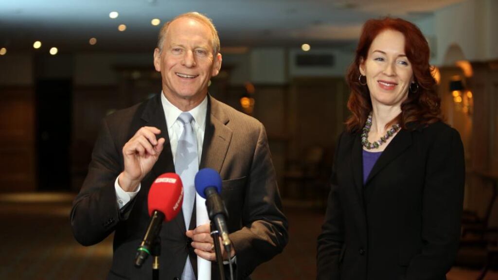 Road map for progress: Dr Richard Haass, with Harvard professor Meghan O’Sullivan, speaking to the media  in Belfast. Photograph: Paul Faith/PA Wire