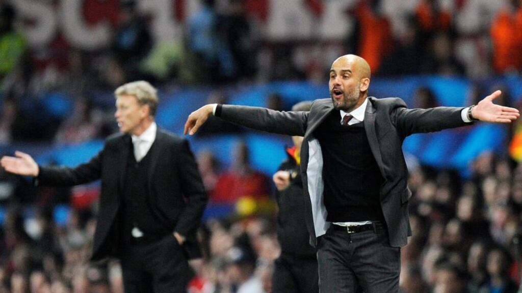 Bayern Munich manager Pep Guardiola and his Manchester United counterpart David Moyes issue their instructions at Old Trafford last week. Photograph: EPA