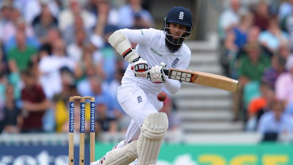 England’s Moeen Ali hits a boundary on his way to 108 during the first day of the fourth Test between England and Pakistan at the Oval. Photograph: Glyn Kirk/AFP/Getty Images