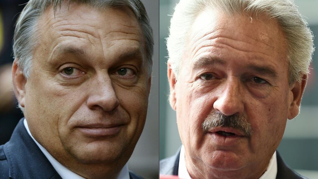 (L-R) Hungarian prime minister Viktor Orban and Luxemburg’s foreign minister Jean Asselborn. Mr Asselborn said on Tuesday that Hungary should be suspended from the European Union for violating democratic core values and treating refugees like ‘animals’. Photograph: Thierry Charlier/Getty Images